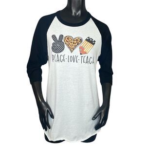 Peace Love Teach Baseball Tee 3-4 Sleeve Womens Size Small Handmade Item